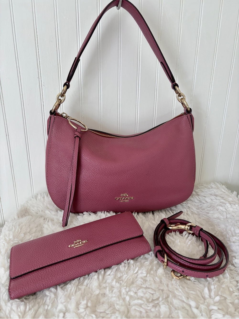 Set Coach Pebbled Leather Shoulder Bag & Wallet Pink Ruby Rose Barbiecore EUC